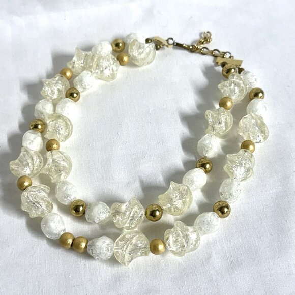 Vintage 2-Strand Lucite Bead Choker Necklace Gold Tone Spacer Beads Frosted 16" - Picture 1 of 9